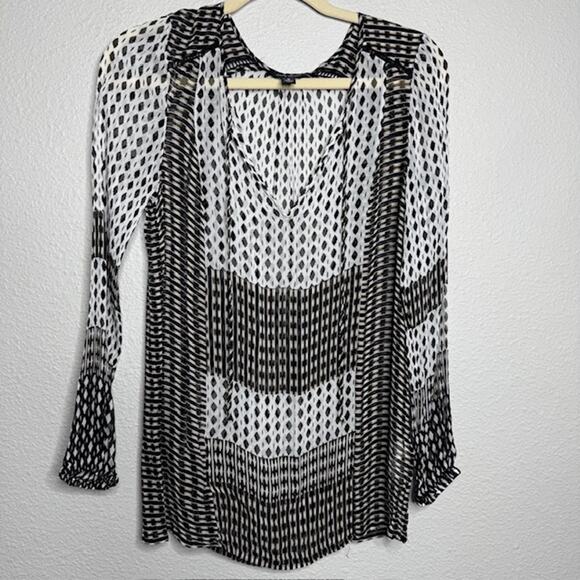 Lucky Brand Bohemian Chiffon Tie Top Geometric Design Blouse Small - Picture 1 of 14